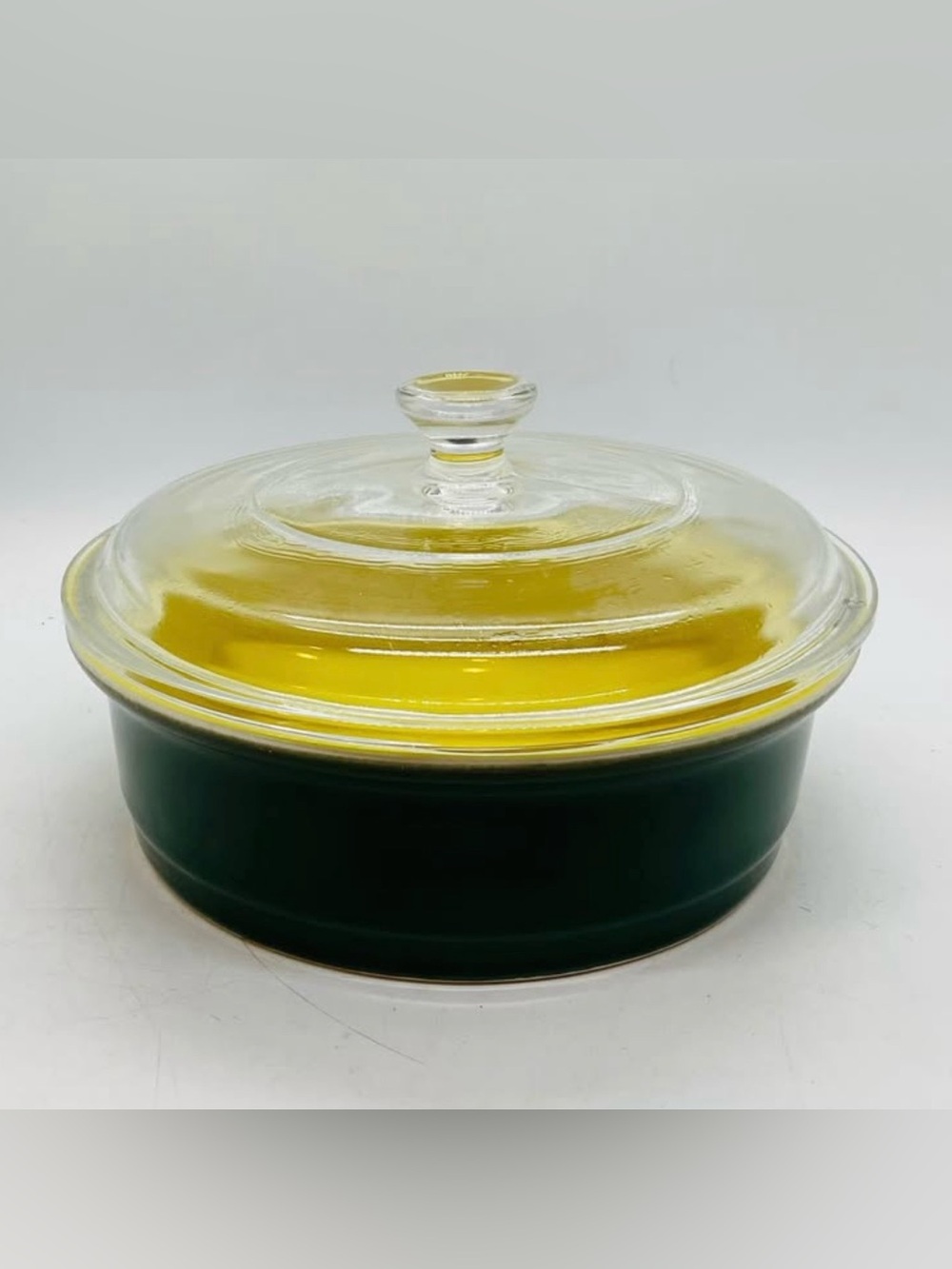 VTG HALL Stoneware Casserole Dish With Glass Lid,Dark Green Outside, Yellow insi